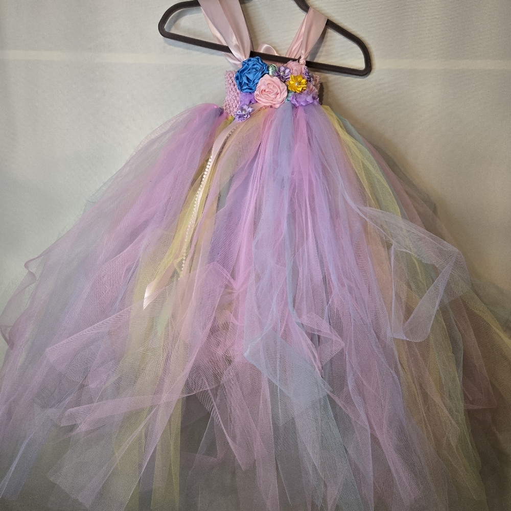 ANGEL TUTU Girls Pastel Floral Tulle  Dress With Satin Flower Embellishments - Picture 6 of 11